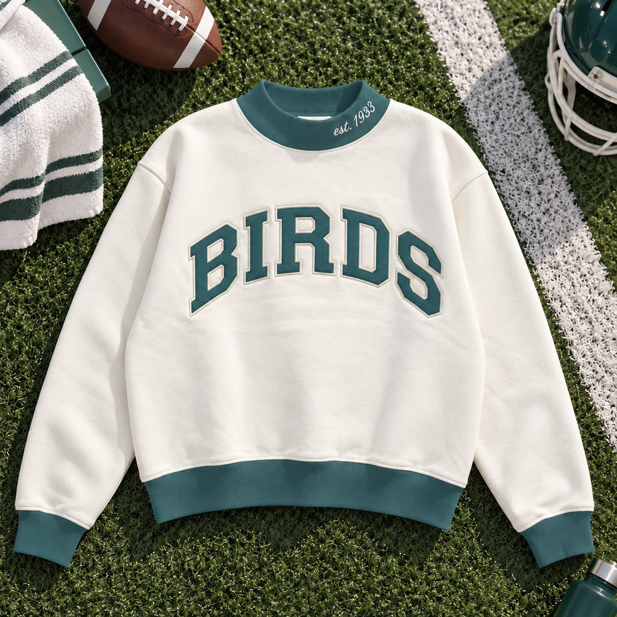 Birds Varsity Mockneck in Cream, color-corrected product view