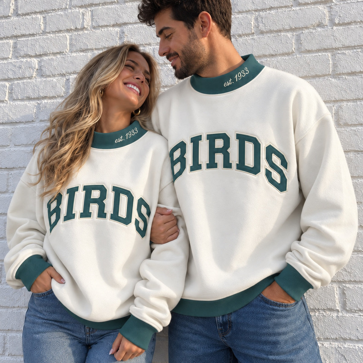 Couple wearing the Cream Birds Varsity Mockneck